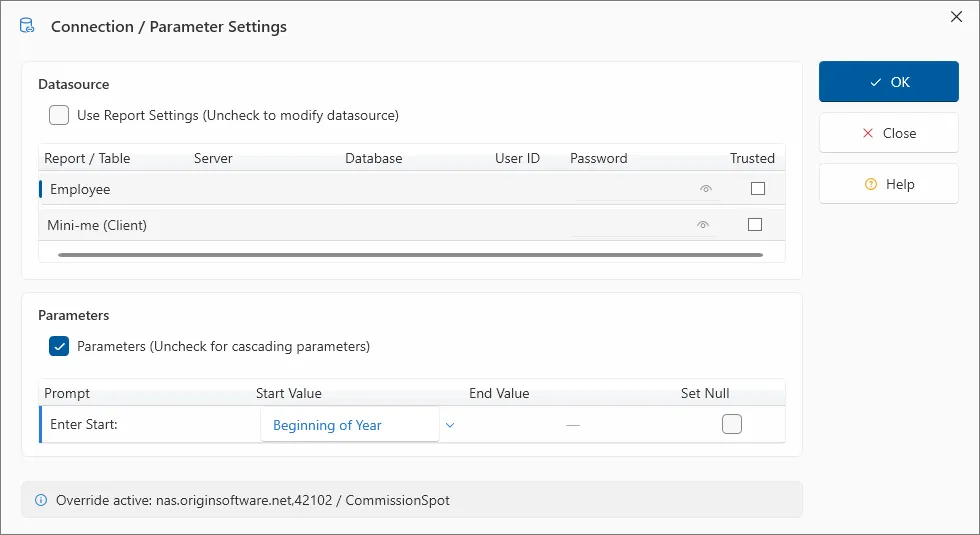 Connection / Parameter Settings dialog for a multi-source report, showing the per-table grid