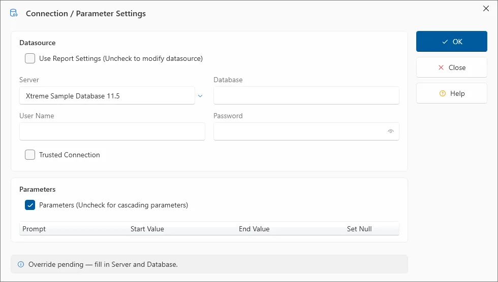Connection / Parameter Settings dialog for a single-source report, showing the Datasource card fields