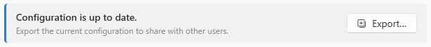 Settings window Application section showing the configuration banner with the Export… button