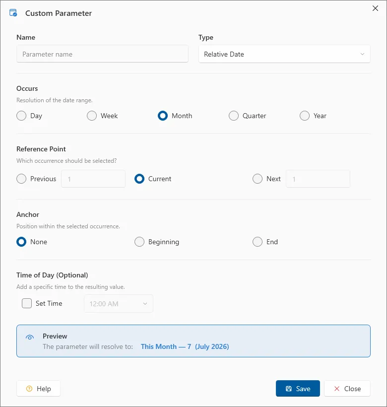 Custom Parameter dialog box for entering parameter details