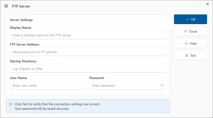 FTP Server dialog box for entering connection details