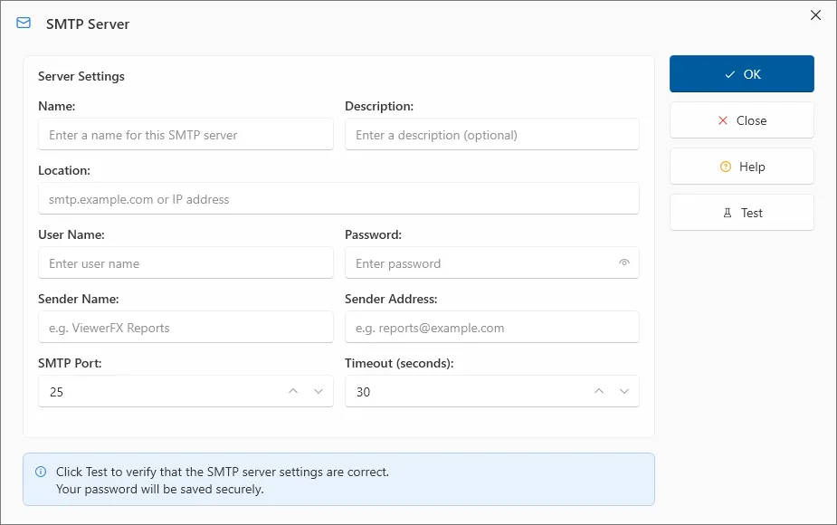 SMTP Server dialog box for entering connection details