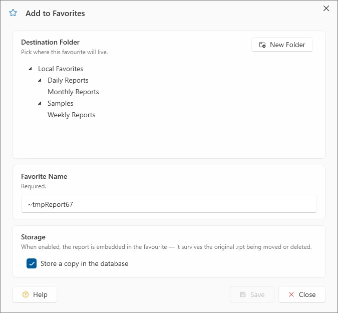 Add to Favorites dialog box for naming and placing the new favorite
