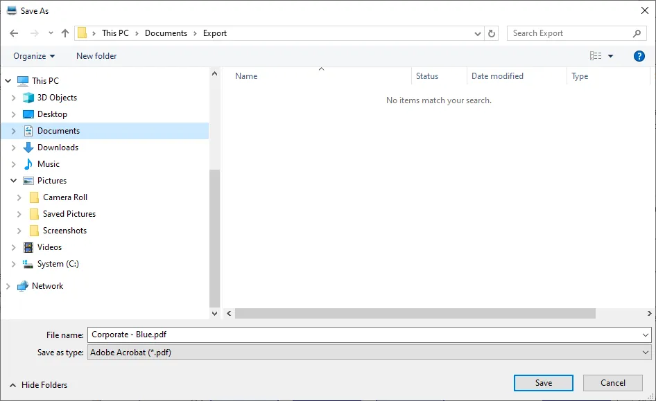 The Save As dialog for exporting a report, with the File name and Save as type fields
