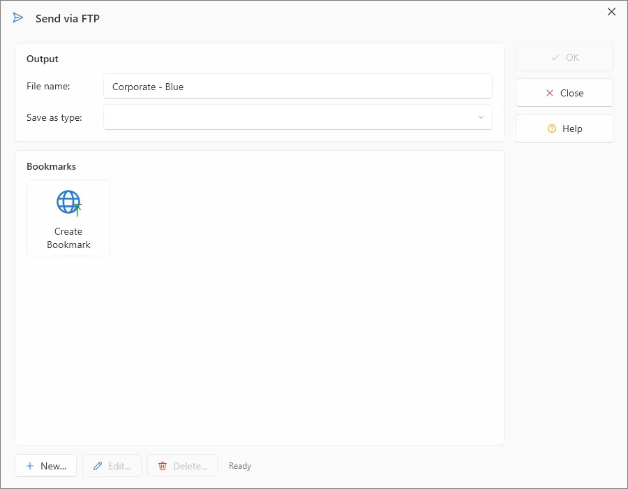 Send via FTP dialog box for selecting an FTP bookmark and entering a file name