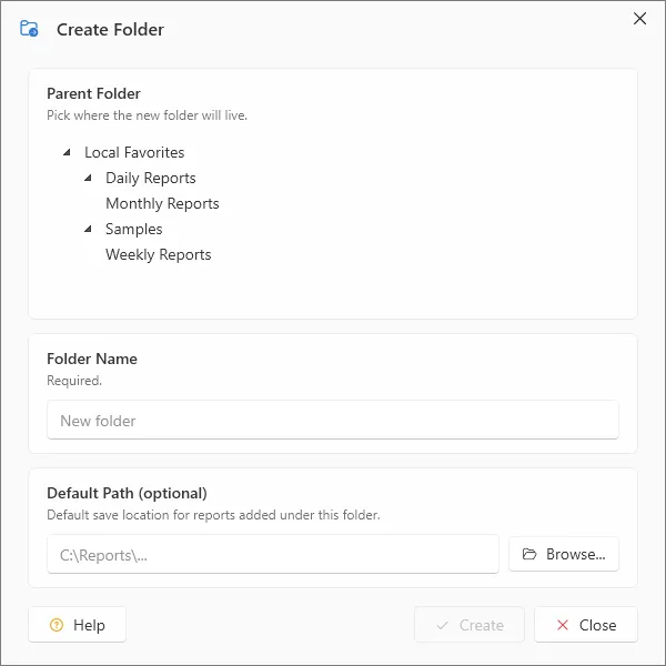 Create Folder dialog box for naming a new favorites folder
