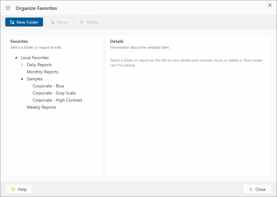 Organize Favorites dialog box with a list of reports and folders