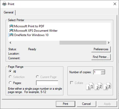 Print dialog box for selecting a printer and print options