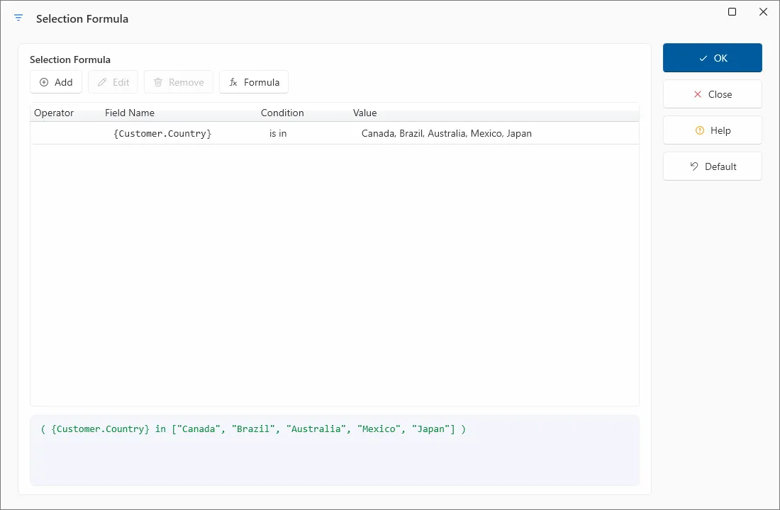 Selection Formula dialog with formula component fields