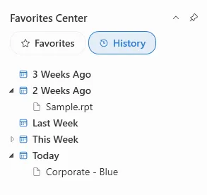 The history tree in the Favorites Center listing recently opened reports