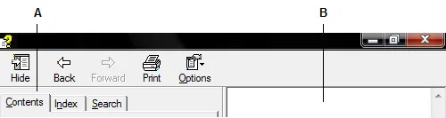 Help window with navigation pane on the left and topic pane on the right