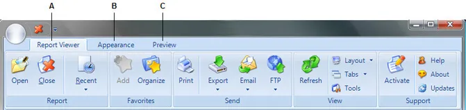 Three toolbars stacked at the top of the work area: Report Viewer, Appearance, Preview
