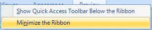 Right-click context menu showing the Minimize the Ribbon option