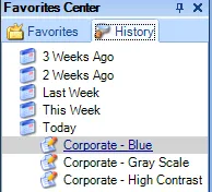 History list with recently opened reports