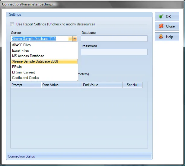 Connection Settings dialog box for entering data-store credentials