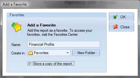 Add to Favorites dialog box for naming and placing the new favorite