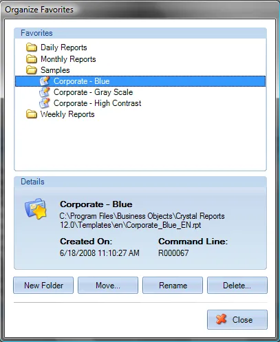 Organize Favorites dialog box with a list of reports and folders