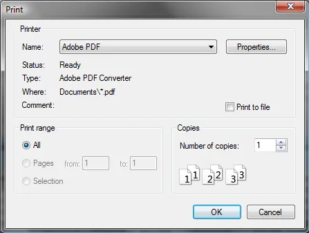 Print dialog box for selecting a printer and print options