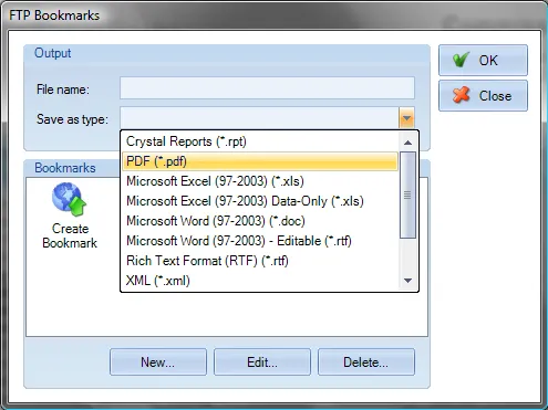 FTP dialog box for selecting an FTP bookmark and entering a file name