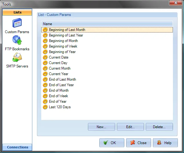 List manager dialog with tabs for managing different tool types