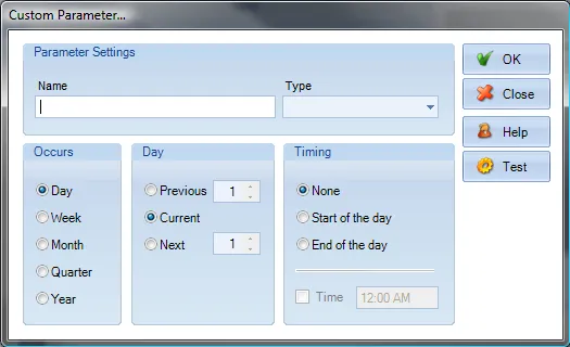 Add Custom Parameter dialog box for entering parameter details