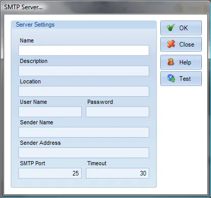 Add SMTP Server dialog box for entering connection details