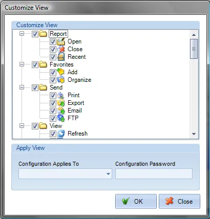 Customize dialog with toolbar button and export format checkboxes
