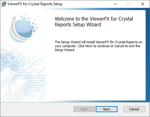 The ViewerFX for Crystal Reports Setup Wizard Welcome screen