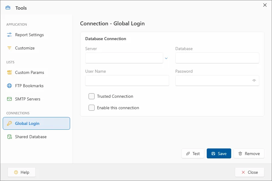Settings window Connections section with the Global Login connection card