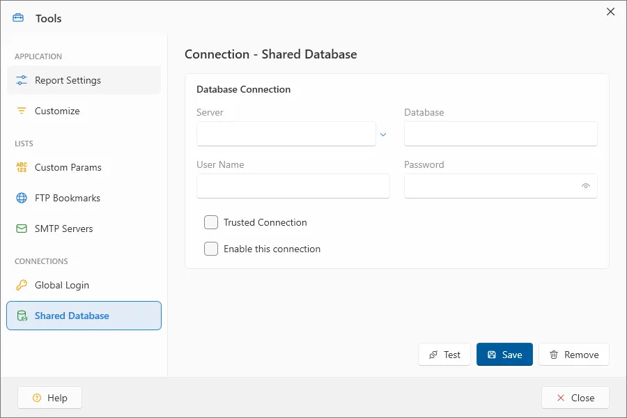 Settings window Connections section with the Shared Database connection card