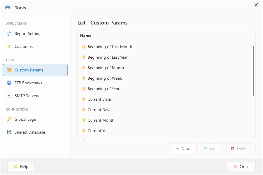 Settings window Custom Parameters section with New, Edit, and Delete buttons