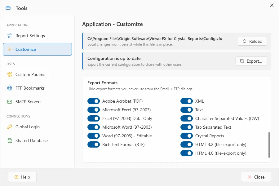 Settings window Customize — the Export Formats card checkboxes