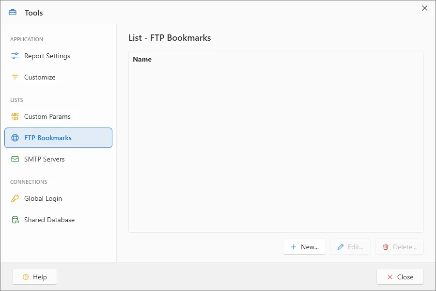 Settings window FTP Bookmarks section with New, Edit, and Delete buttons