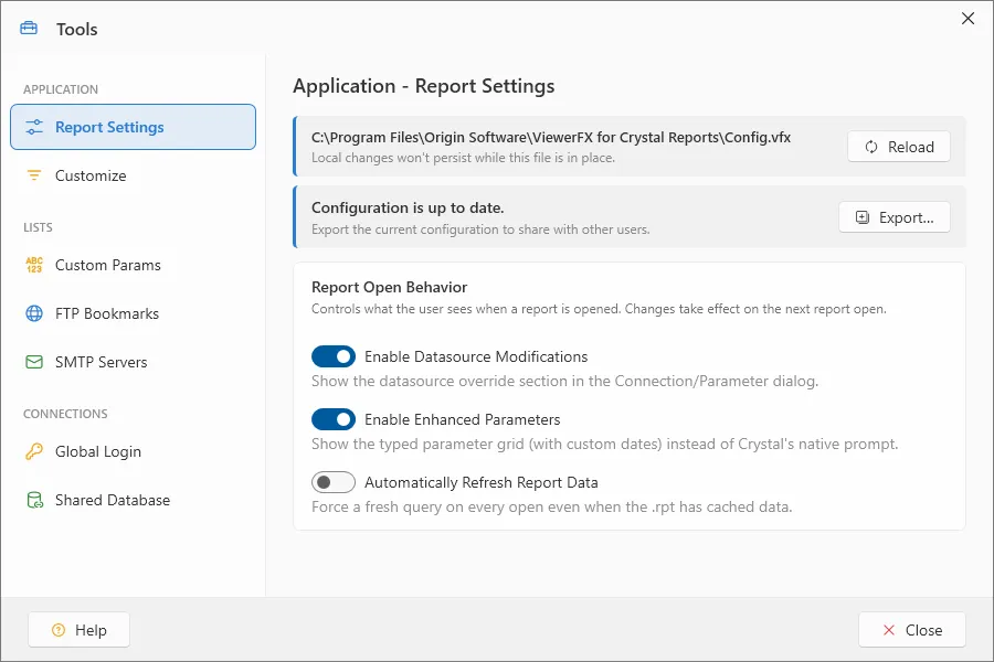 Settings window Report Settings — the Report Open Behavior card with three checkboxes