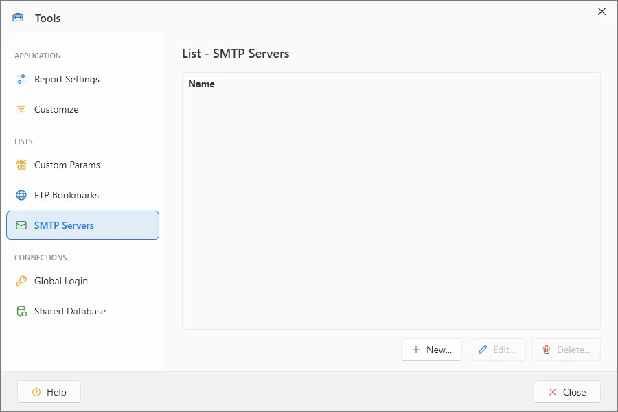 Settings window SMTP Servers section with New, Edit, and Delete buttons