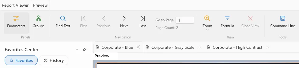 Report tabs along the top of the report pane